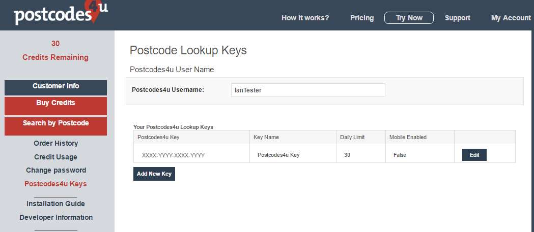 Postcodes4u Account info